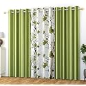 Polyester Floral Grommet Curtains (2 Plain + 1 Printed) Combo Curtains, Pista Green, 7 Feet, Pack of 3