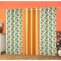 Polyester Feather Printed Curtains 8 Feet Long Set of 3 for Window &amp; Door, Living Room, Bedroom | Eyelet | Parda | Green &amp; Orange