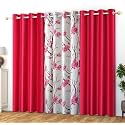 Polyester Floral Grommet Curtains (2 Plain + 1 Printed) Combo Curtains, Pink, 9 Feet, Pack of 3