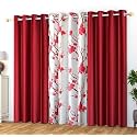 Polyester Floral Grommet Curtains (2 Plain + 1 Printed) Combo Curtains, Maroon Red, 9 Feet, Pack of 3