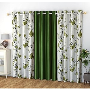 polyester floral grommet curtains 2 printed  1 plain combo curtains dark green 9 feet pack of 3
