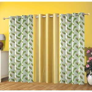 polyester feather printed semi sheer curtains 7 feet long set of 3 for window amp door living room bedroom  eyelet  parda  green amp yellow
