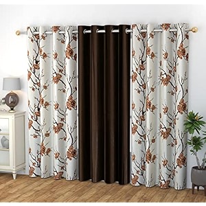 polyester floral grommet curtains 2 printed  1 plain combo curtains coffee brown 8 feet pack of 3