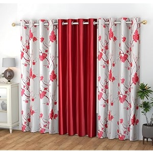 yukany polyester floral eyelet 2 printed  1 plain combo curtains maroon 10 feet pack of 3