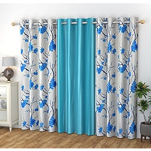 polyester floral grommet curtains 2 printed  1 plain combo curtains aqua blue 5 feet pack of 3
