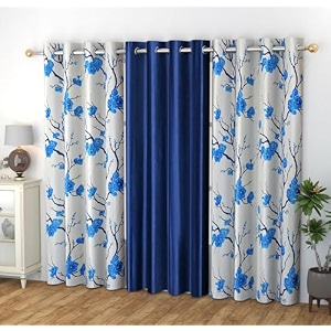 polyester floral grommet curtains 2 printed  1 plain combo curtains navy blue 6 feet pack of 3