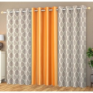 polyester floral eyelet 2 plain  1 printed combo curtains brown amp orange 6 feet pack of 3