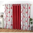 Polyester Floral Grommet Curtains (2 Printed + 1 Plain) Combo Curtains, Maroon, 8 Feet, Pack of 3
