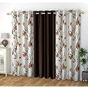 Polyester Floral Grommet Curtains (2 Printed + 1 Plain) Combo Curtains, Coffee Brown, 5 Feet, Pack Of 3