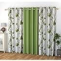 Polyester Floral Grommet Curtains (2 Printed + 1 Plain) Combo Curtains, Pista Green, 8 Feet, Pack of 3