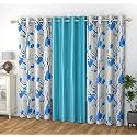 Polyester Floral Grommet Curtains (2 Printed + 1 Plain) Combo Curtains, Aqua Blue, 5 Feet, Pack Of 3