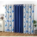 Polyester Floral Grommet Curtains (2 Printed + 1 Plain) Combo Curtains, Navy Blue, 6 Feet, Pack of 3