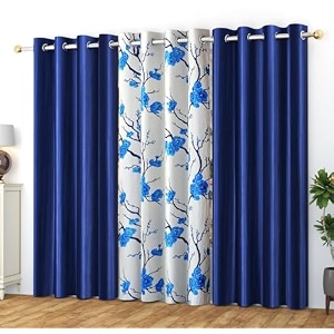 polyester floral grommet curtains 2 plain  1 printed combo curtains navy blue 7 feet pack of 3