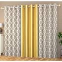 Polyester Floral Eyelet (2 Plain + 1 Printed) Combo Curtains, Brown &amp; Yellow, 5 Feet, Pack of 3