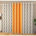 Polyester Floral Eyelet (2 Plain + 1 Printed) Combo Curtains, Brown &amp; Orange, 7 Feet, Pack of 3
