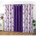 Polyester Floral Grommet Curtains (2 Printed + 1 Plain) Combo Curtains, Purple, 5 Feet, Pack Of 3