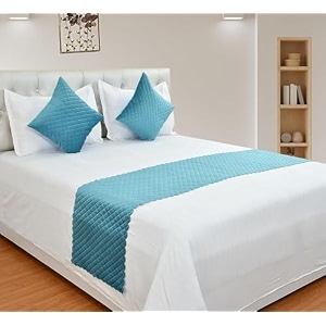 yuku premium velvet quilted set of bed runner16 x 96 inches and 2 pillow cover16 x 16 inches combo set sky blue