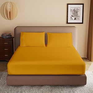 soft brushed microfiber double bed 7234 x 7834 inch fitted elastic bedsheet  1 pillow cover 300 tc for luxurious softness upto 1234 thick mettressgold yellow