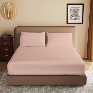 soft brushed microfiber double bed 7234 x 7834 inch fitted elastic bedsheet  1 pillow cover 300 tc for luxurious softness upto 1234 thick mettresspeach