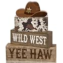 Yuntau 4 Pcs Western Cowboy Table Decor Wooden Block Signs Cowboy Hat Set