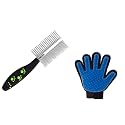 Pet Care Combo of Massage Glove with Paw Print Handle Double Sided Hairbrush Dog Grooming Comb for Dogs and Cat Hair Removal Deshedding Five Finger Glove with Steel Grooming Comb