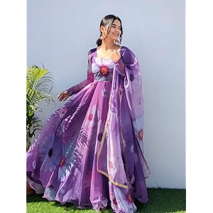 women designer pure georgette flower printed organza suit with lace on dupatta xl dark purple