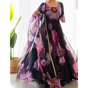 women designer pure georgette flower printed organza suit with lace on dupatta l black