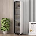YVYKFZD 5 Tier Slim Storage Cart, MDF Rolling Spice Rack, Utility Kitchen Cart with Wheels and Tempered Glass Doors, Mobile Narrow Storage Cabinet, for Small Spaces(White+A,15.7"x16.5"x77.1")