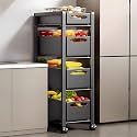 YVYKFZD Fruit Basket Kitchen Cart, Metal Slim Storage Cart, Rolling Utility Carts with Drawer and Wheels, Narrow Storage Cabinet, Space Saving Bathroom Organizer(Black,4 Tier 10.6"x15.3"x41.3")