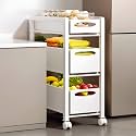 YVYKFZD Fruit Basket Kitchen Cart, Metal Slim Storage Cart, Rolling Utility Carts with Drawer and Wheels, Narrow Storage Cabinet, Space Saving Bathroom Organizer(White,3 Tier 7.8"x15.3"x29.5")