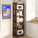 YVYKFZD Narrow Standing Shelf, Wooden Slim Storage Cart, Rolling Kitchen Utility Cart with Wheels, Freestanding Bathroom Organizer, for Dining Room, Pantry, Bakers(Walnut,6 Tier 10.6"x10.2"x62.7")