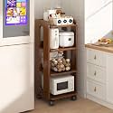 YVYKFZD Narrow Standing Shelf, Wooden Slim Storage Cart, Rolling Kitchen Utility Cart with Wheels, Freestanding Bathroom Organizer, for Dining Room, Pantry, Bakers(Walnut,4 Tier 10.6"x10.2"x39.1")