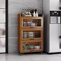 YVYKFZD Rolling Spice Rack, Slim Storage Cart, Mobile Kitchen Utility Cart with Wheels and Tempered Glass Doors, Narrow Standing Shelf, Space Saving Bathroom Organizer(Walnut,4 Tier 15.7"x15.7"x50.5")