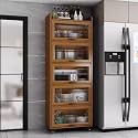 YVYKFZD Rolling Spice Rack, Slim Storage Cart, Mobile Kitchen Utility Cart with Wheels and Tempered Glass Doors, Narrow Standing Shelf, Space Saving Bathroom Organizer(Walnut,6 Tier 23.6"x15.7"x80.1")