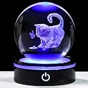 YWHL 3D Cat Crystal Ball Figurine with Colorful LED Base, Laser Engraved Cat Gifts for Women Men Cats Lovers, Glass Cats and Butterfly Statue Decorative Ball for Home Decor (80mm)