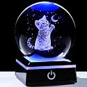 YWHL 3D Cat Moon Figurines 3.14in Crystal Ball with Colorful LED Base Cute Cats Lover Gifts for Women Men Kitten Snow Globe Gift on Birthday Mothers Day Engraved Glass Cat Collection Sphere Home Decor