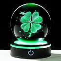 YWHL 3D Crystal Four-Leaf Clover Ball Figurine with Colorful LED Base, Four-Leaf Clover Good Luck Gifts for Women Men on Birthday, Glass Plants Art Statue Decorative Ball for Home Decor (80mm)