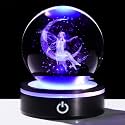 YWHL 3D Crystal Moon Figurine with Colorful LED Base, Laser Fairy Gifts for Women Girls on Christmas Birthday, Glass Globe Decorative Ball for Fairy Lovers Home Decor (80mm)