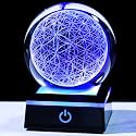 YWHL 3D Flower of Life Crystal Ball with Colorful LED Base, Chakra Healing Grid Flower Globe for Spiritual Decor, Laser Engraved Seek of Flower Inside A Sphere Sacred Geometry Starlight Magic
