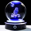YWHL 3D Owl Figurine Crystal Ball with Colorful Light Base, Owl Gifts for Women Men Owls Lovers on Christmas Birthday, 3D Laser Engraved Owls Sphere Glass Ball for Home Office Decoration (80mm)