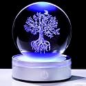 YWHL 80mm Tree of Life Crystal Ball with Colorful LED Base 3D Laser Engraved Glass Tree Life Figurines Decor Spiritual Growth Gifts for Men Women Decorative Globes 3D Crystal Plant Sphere