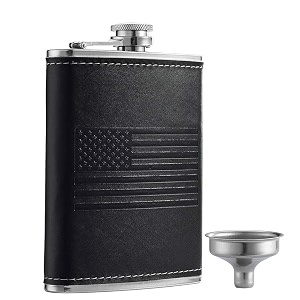stainless steel american flag flask soft touch cover liquor flasks 8oz  leak proof black pu leather heavy duty hip set includes funnel