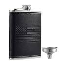 Stainless Steel American Flag Flask, Soft Touch Cover Liquor Flasks 8oz | Leak Proof Black PU Leather Heavy Duty Hip Set, Includes Funnel