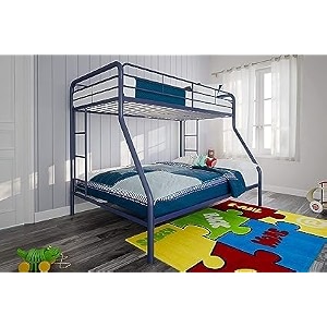 twin-over-full bunk bed with metal frame and ladder space-saving design blue