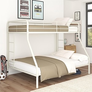 twin-over-full bunk bed with metal frame and ladder space-saving design white