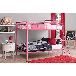twin-over-full bunk bed with metal frame and ladder space-saving design pink