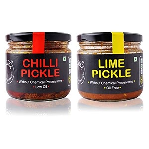 zaaika chilli and lime pickle low oil indian traditional home made mirchi  nimbu achaar with glass jar  no preservative 600 grams pack of 2 - chilli pickle 300gm and lime picke 300gm