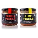 Zaaika Chilli and Lime Pickle Low Oil Indian Traditional Home Made Mirchi | Nimbu achaar with Glass Jar | No Preservative 600 Grams (Pack of 2 - Chilli Pickle 300Gm and Lime Picke 300GM)