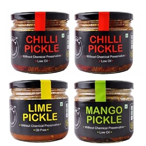 zaaika chilli pickle lemon pickle and mango pickle low oil indian traditional home made achaar with glass jar  no preservative 11kg pack of 4