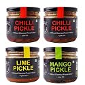 ZAAIKA Chilli Pickle, Lemon Pickle and Mango Pickle Low Oil Indian Traditional Home Made Achaar with Glass Jar | No Preservative 1.1kg (Pack of 4)